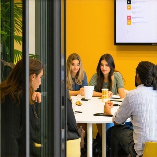 A professional and collaborative meeting room setup in a coworking space featuring modern technology and a bright atmosphere.