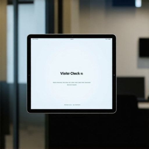 Modern Digital Visitor Management System A tablet used as a digital receptionist in a professional startup office environment.