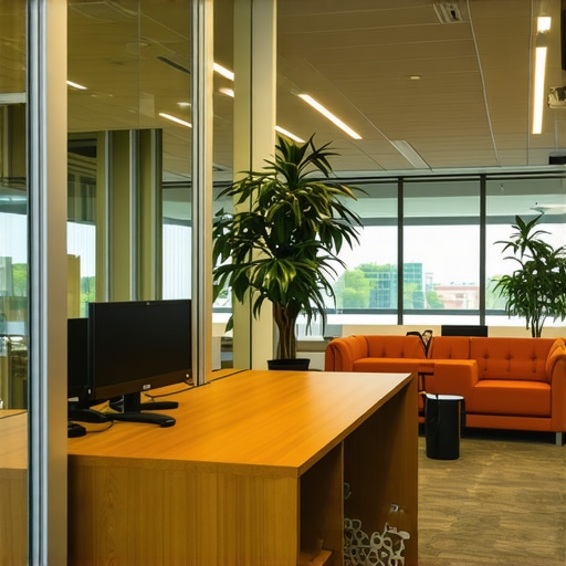 A professional coworking environment with phone booths and natural lighting.