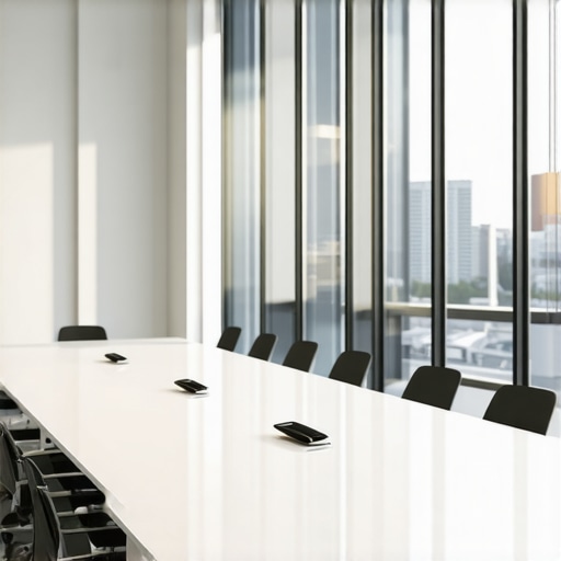A professionally designed meeting room with high ceilings and integrated technology.