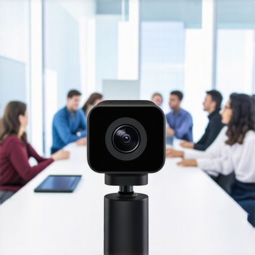 A professional startup team using advanced meeting room technology for a hybrid collaboration session.
