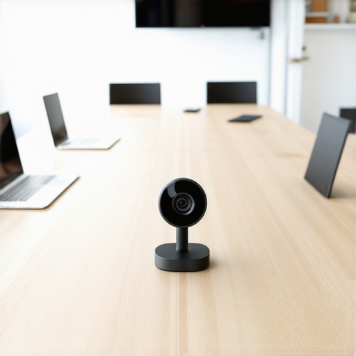 A professional 360-degree camera on a conference table for hybrid startup meetings.