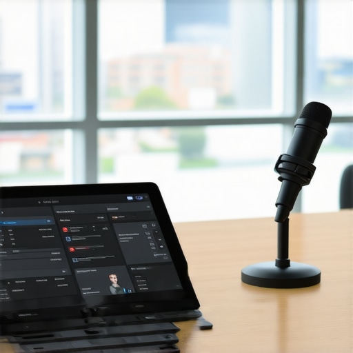 Professional conference room technology setup with control tablet for startup teams.