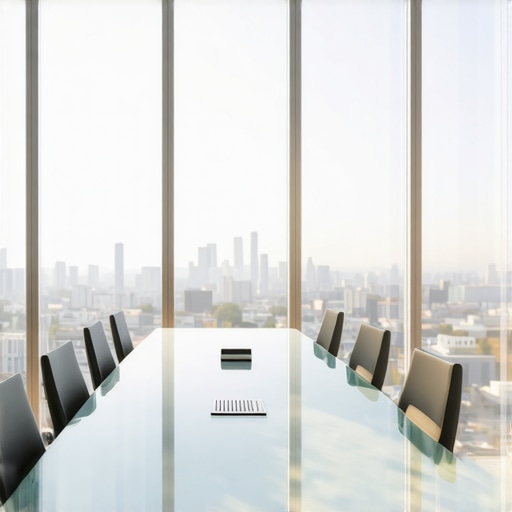 A high-tech conference room in a coworking space featuring large windows and professional meeting equipment.
