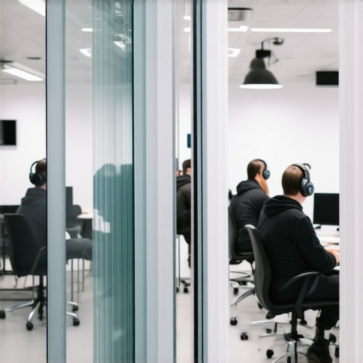 A quiet and focused coworking environment with glass partitions and focused professionals.