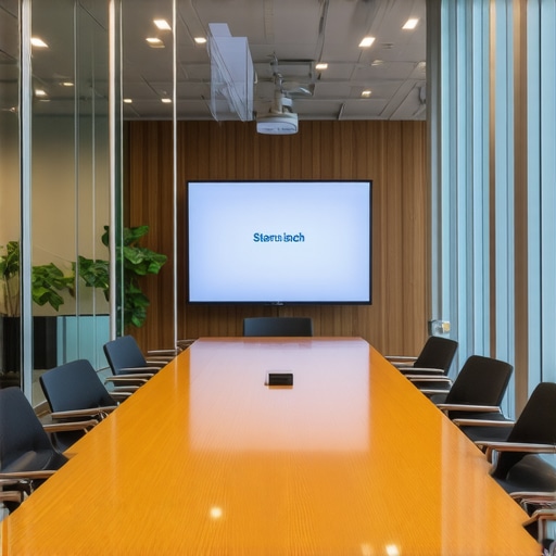 A professional conference room setup in a coworking space designed for startup pitches.