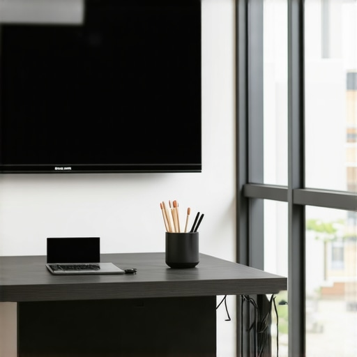 A professional startup meeting room with video conferencing hardware and organized tech accessories.