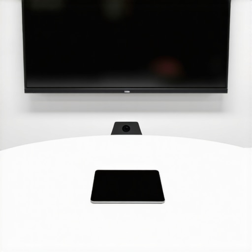 High-end video conferencing hardware and room control tablet in a professional coworking space.