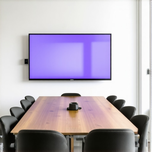 A high-tech professional conference room setup with a large presentation screen and ergonomic furniture.