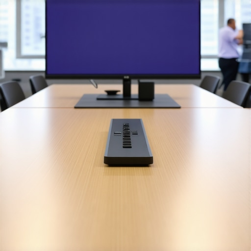 Professional meeting room setup with high-tech video conferencing tools and cable management.