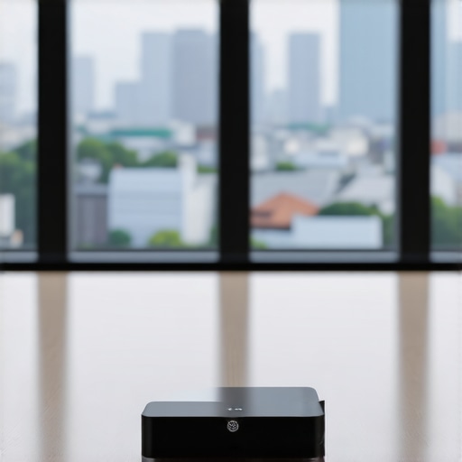 A professional portable speakerphone and laptop on a conference table in a modern coworking space.