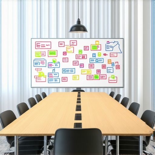 A well-lit modern conference room with a large whiteboard and wooden table designed for startup collaboration.