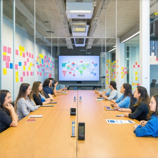 A high-energy team collaborating in a modern conference room equipped with whiteboards and digital tools.