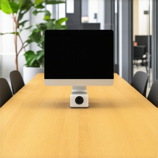 High-tech startup conference room with 360-degree camera and ergonomic seating