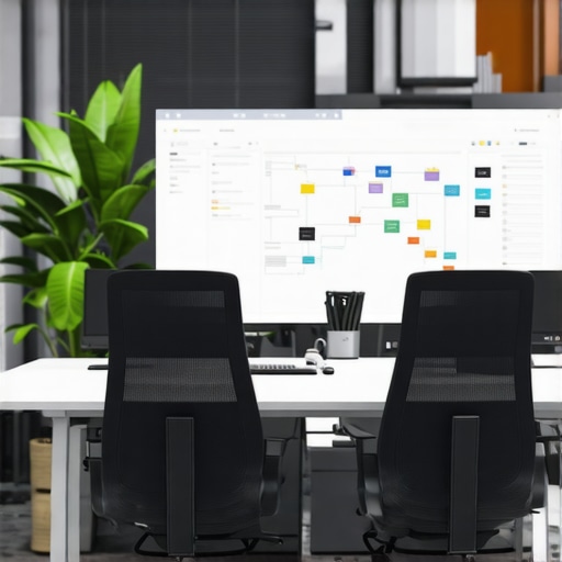High-tech modular startup war room with ergonomic furniture and digital whiteboards.