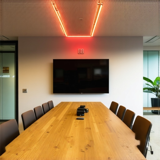 A high-tech startup meeting room with status lights and professional AV gear