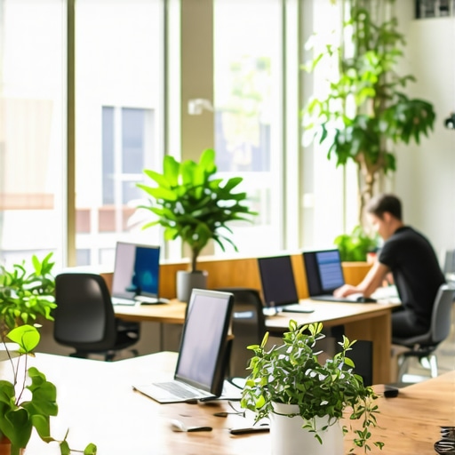 A vibrant and productive coworking space with desks near windows and green plants