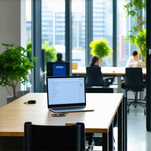 Professionals working at dedicated desks in a bright, modern coworking space floor with glass meeting rooms in the background