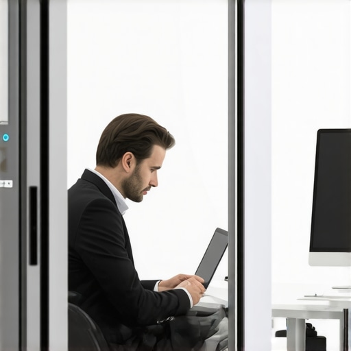 A professional using a private acoustic booth in a modern office layout