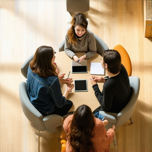 A collaborative startup meeting in a circular modular seating area.