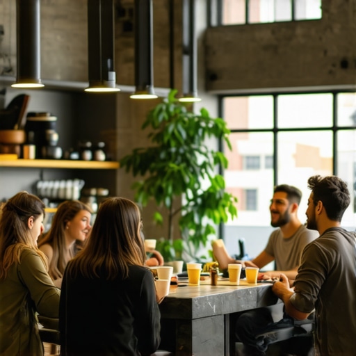 Founders networking in a high-energy coworking kitchen