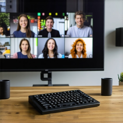A modern meeting room featuring a control interface and high-quality video conferencing equipment.
