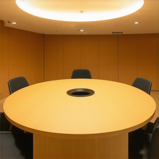 A modern circular meeting room designed for democratic participation and acoustic privacy in a startup environment.