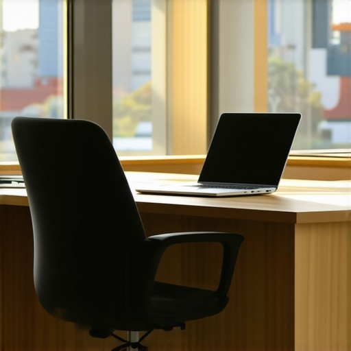 A professional dedicated desk in a bright coworking space near a large window.