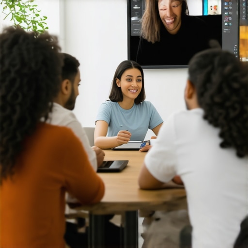 A group of startup founders using a circular table to include remote participants in a hybrid meeting.