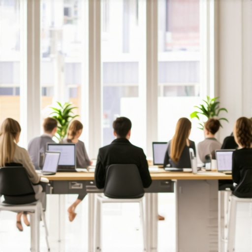 A bright and productive modern coworking space with natural sunlight illuminating desks and professional workers.