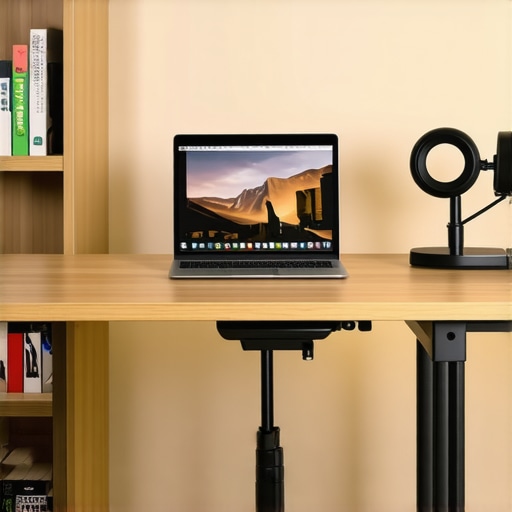 A high-end home office workspace configured for professional video conferencing with proper lighting and camera height.