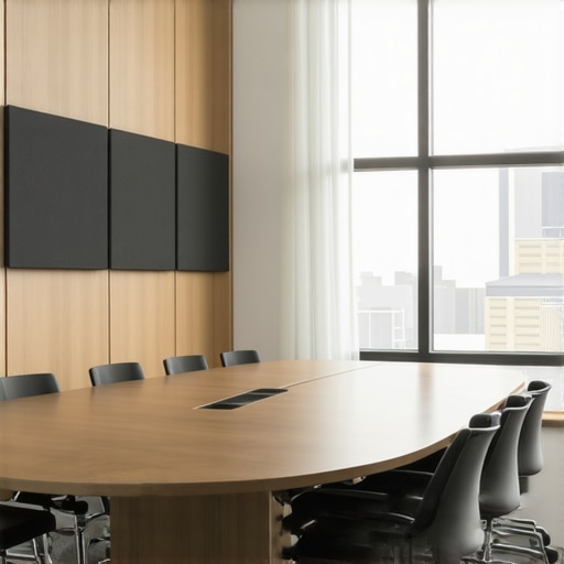 A professional conference room with acoustic panels and a circular table designed for collaboration.