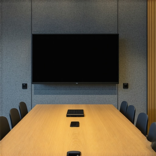 A professional startup meeting room equipped with acoustic treatments and high-quality video conferencing gear.