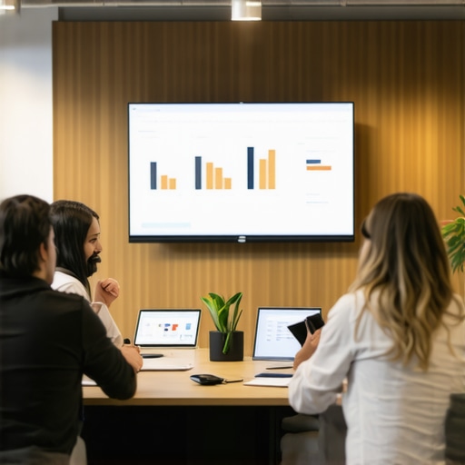 A small team collaborating in a well-equipped modern conference room with acoustic panels and high-tech displays.