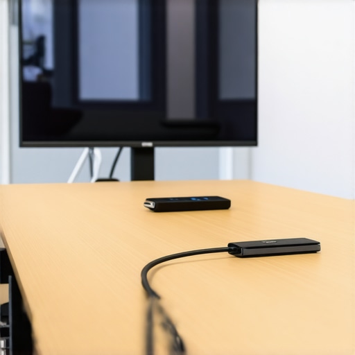 A professional meeting room with frosted glass and simple tech setup