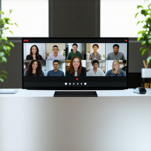A modern circular meeting room setup designed to bridge the gap between physical and remote team members in a coworking environment.