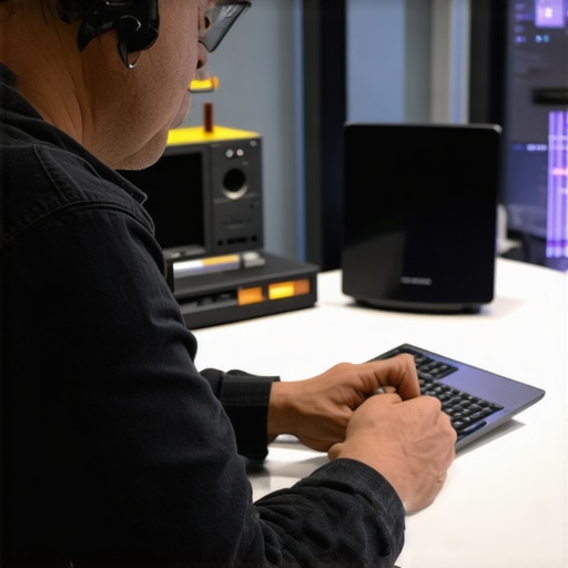 A startup founder managing high-tech tools in a professional coworking environment.