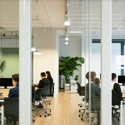 Modern coworking office with professionals working in a well-lit environment showing productivity.
