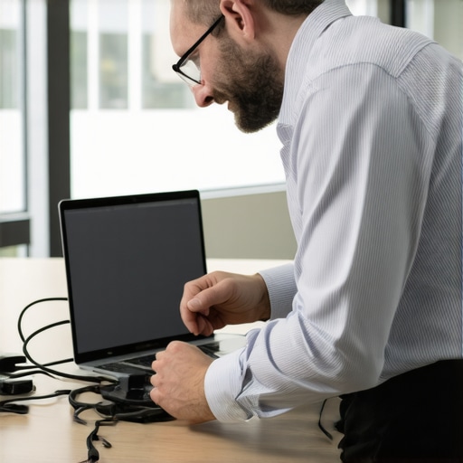 A professional checking meeting room equipment and environmental controls for a high-stakes board meeting.