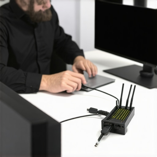 Optimizing startup infrastructure with hardwired connections A founder hardwiring a laptop to ensure a stable internet connection in a coworking space.