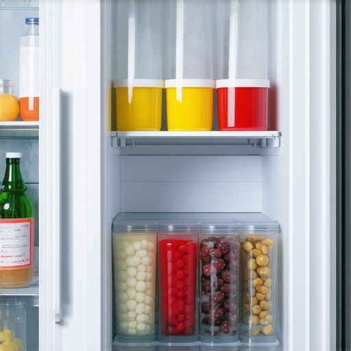 Neatly labeled food containers inside a clean shared office refrigerator