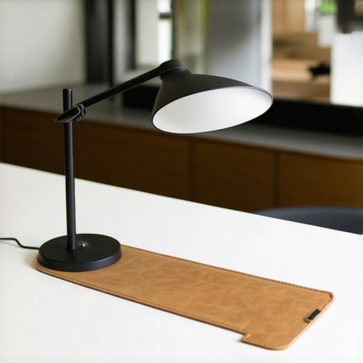 A close-up of a personalized workspace featuring a desk lamp and leather mat to improve focus.