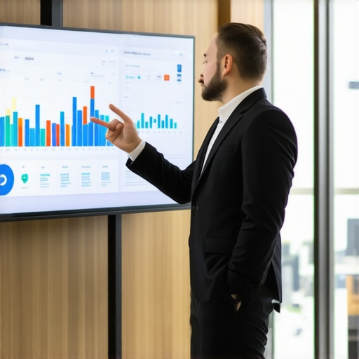 An entrepreneur presenting a data dashboard on a large conference room screen to demonstrate business growth.