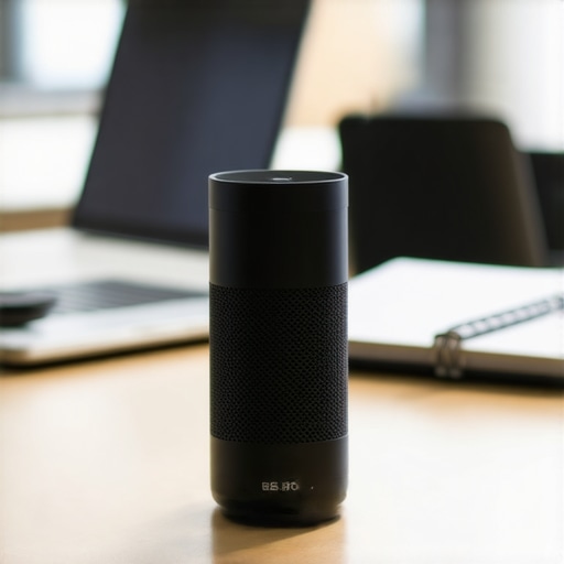 High-quality portable conference speaker on a wooden table in a coworking office environment.