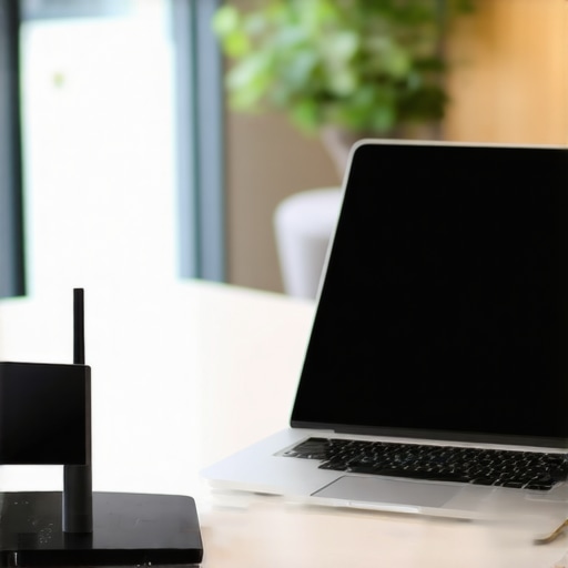 GL.iNet travel router and laptop setup for secure remote work in a coworking space.