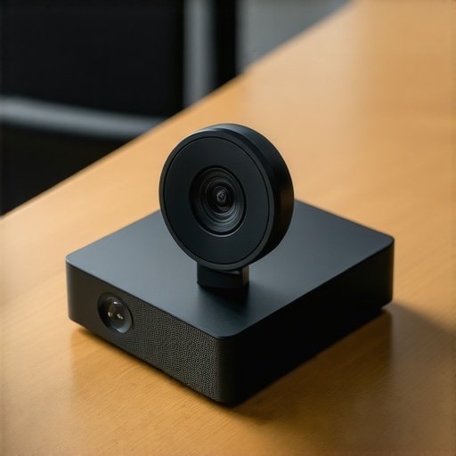 A collection of portable tech tools including a speakerphone and LED light on a coworking desk.