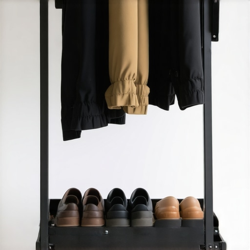 An organized office entry zone with heavy-duty wall-mounted coat rails and a shoe tray to prevent clutter