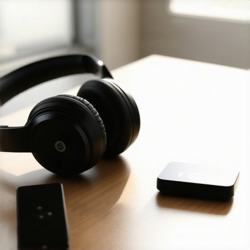 A high-quality physical tool kit including an isolation microphone and headphones on a desk in a shared office environment.