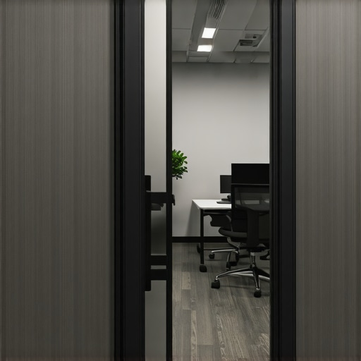 A secure private office with acoustic panels inside a modern coworking environment.