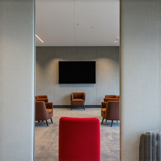 Professional Acoustic Treatment for Conference Rooms A modern conference room with acoustic panels and a thick rug to reduce echo.